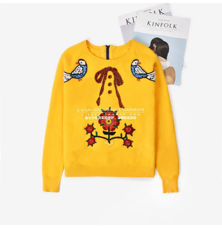 Women Embroidery Yellow Sweater Bird Floral Embroidered Beading Bowknot O-neck Pullovers High Quality Autumn Winter Knit Sweater