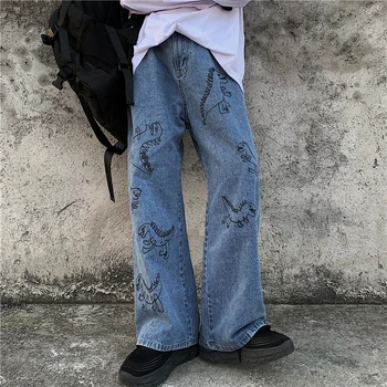 

2020 New Spring Korean Ins Hip-hop Dinosaur Simple Design Printed Jeans Men and Women Wide Leg Pants Straight