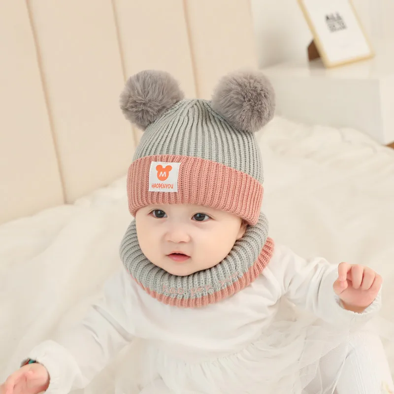 sky blue set Детская зимняя шапка, шарф, набор плюс бархатная теплая вязаная шапка для новорожденных, пушистые шарики, помпон, одноцветная теплая Милая шапочка, подарок - Цвет: sky blue set