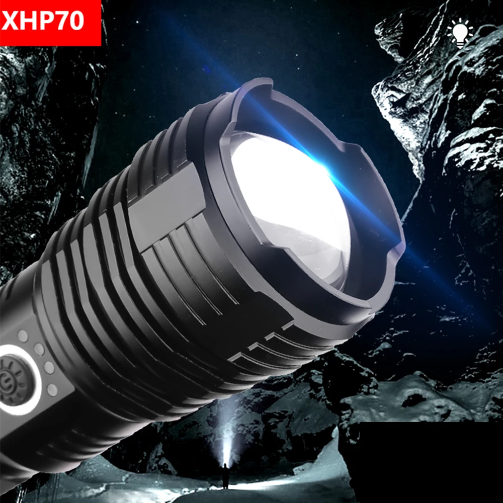 Супер мощный светодиодный фонарь XHP70, перезаряжаемый через USB, фонарь с зумом, 5 режимов, водонепроницаемый фонарь, аккумулятор 18650 26650