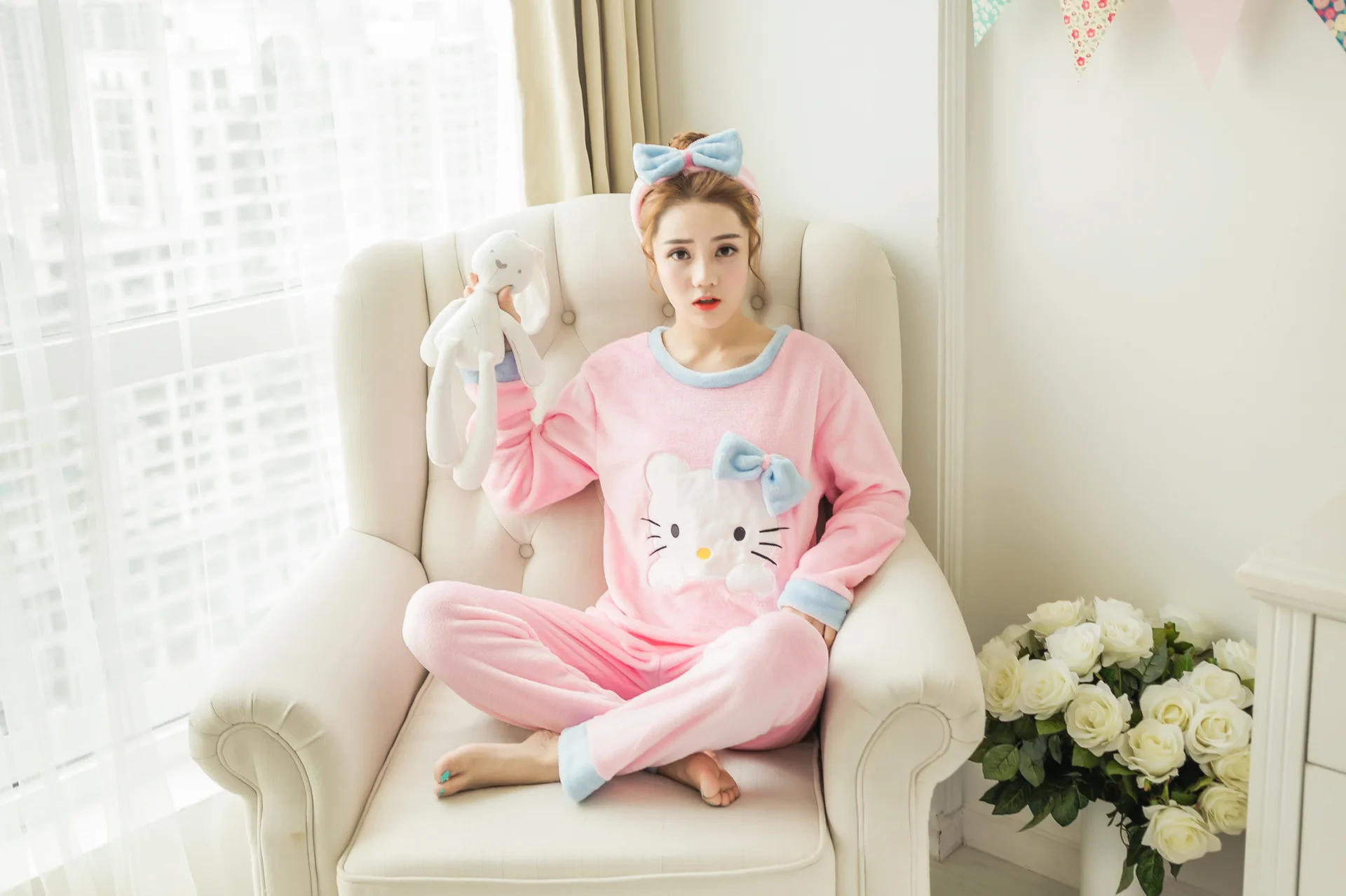 Женские пижамные комплекты с повязкой для волос hello kitty, женская одежда, пижамы с котом для девочек, зимняя плотная фланелевая домашняя одежда для девушек размера плюс