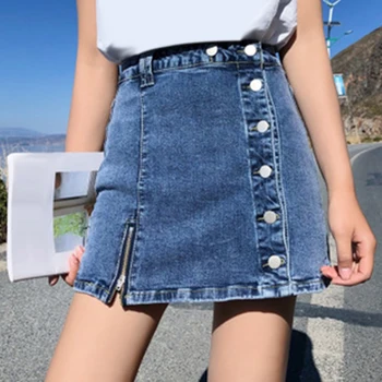 

Summer Denim Skirt Women Spring Summer Zipper New Side Buttons High Waist Women's Mini Skirt Black Blue Saias Jeans A Line Skirt