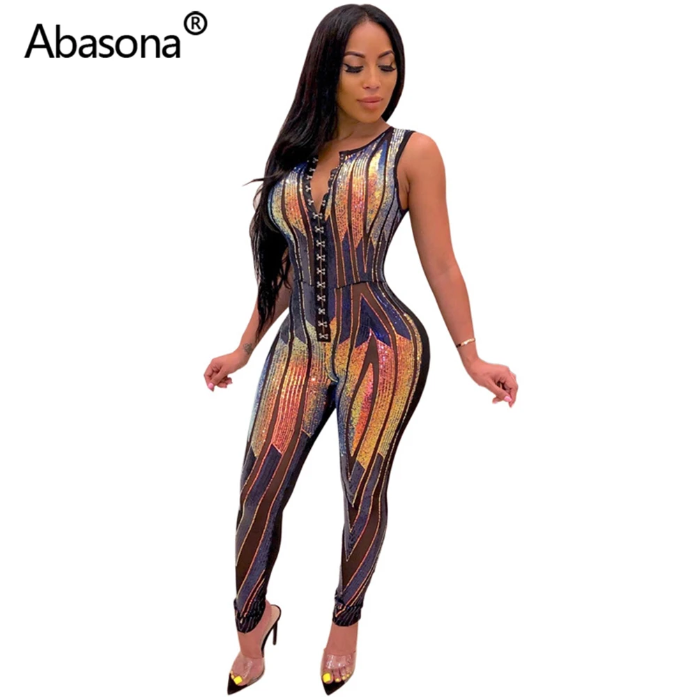 Abasona/осенний Облегающий комбинезон без рукавов с блестками, полосками и сеткой в стиле пэчворк, сексуальный Облегающий комбинезон на пуговицах для ночного клуба, вечерние комбинезоны