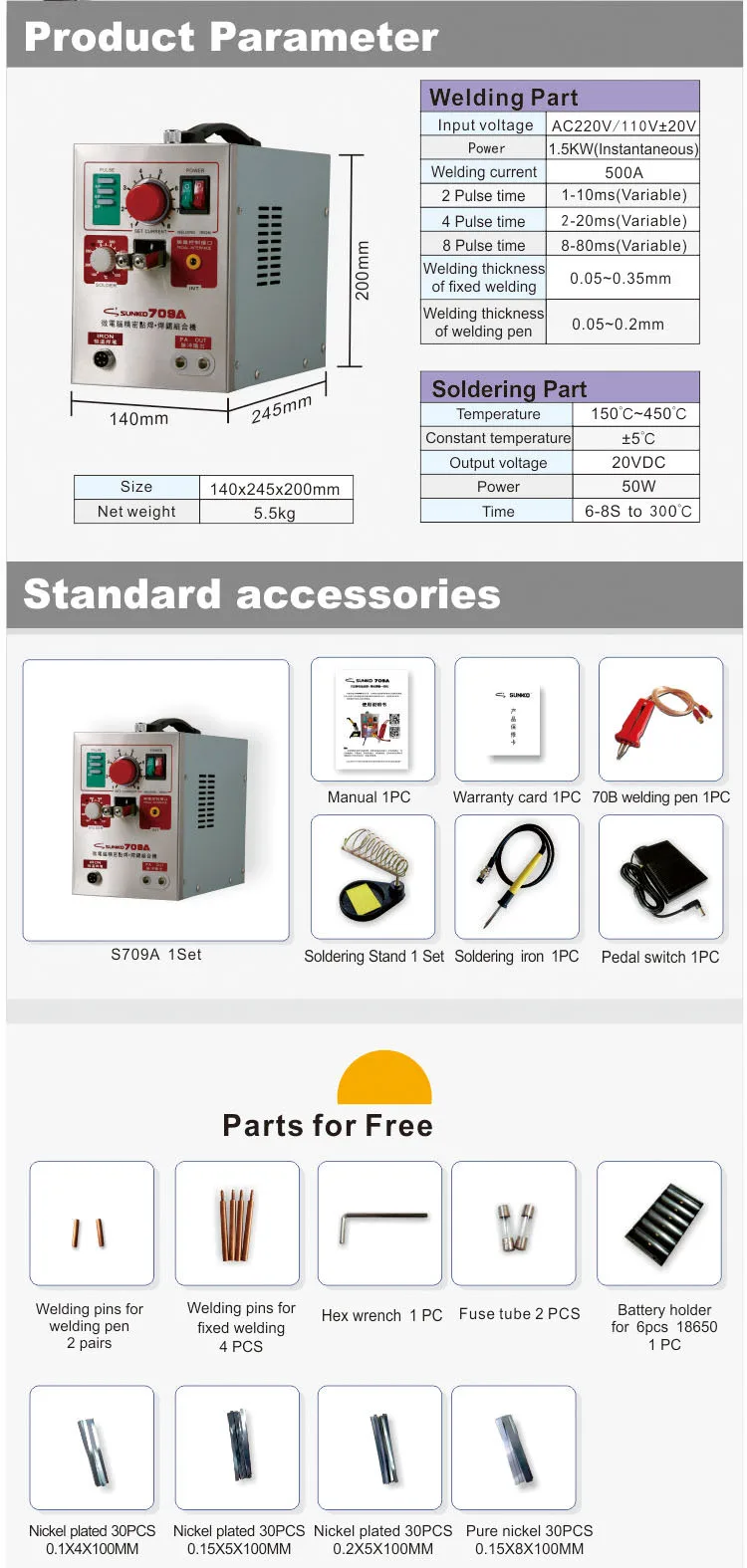 SUNKKO 709A 18650 Battery Spot Welder 2 in 1 LED Pulse Spot Welding Machine Kit with Soldering Iron