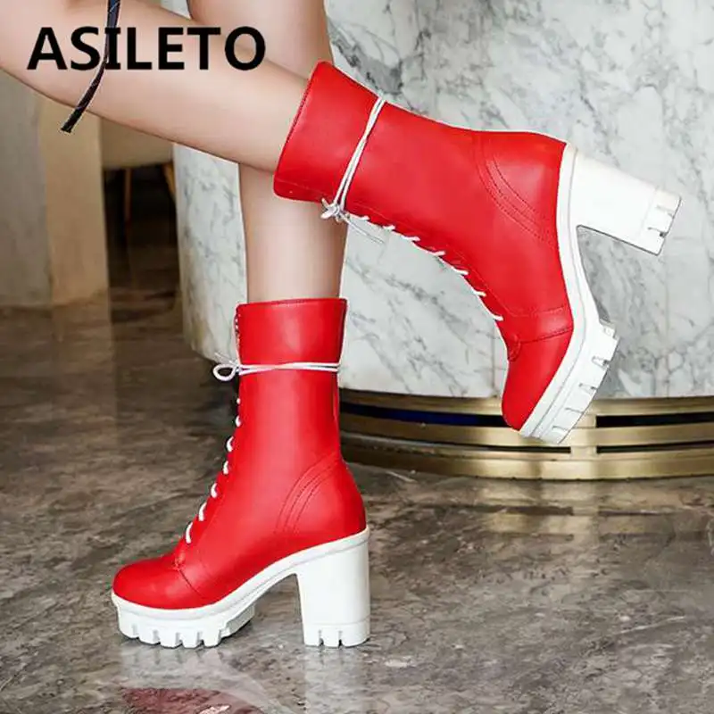 

ASILETO Women Boots Autumn Winter Motorcycle Ankle Boots Platform Ladies square high heels Shoes cross tied Gothic boot botas