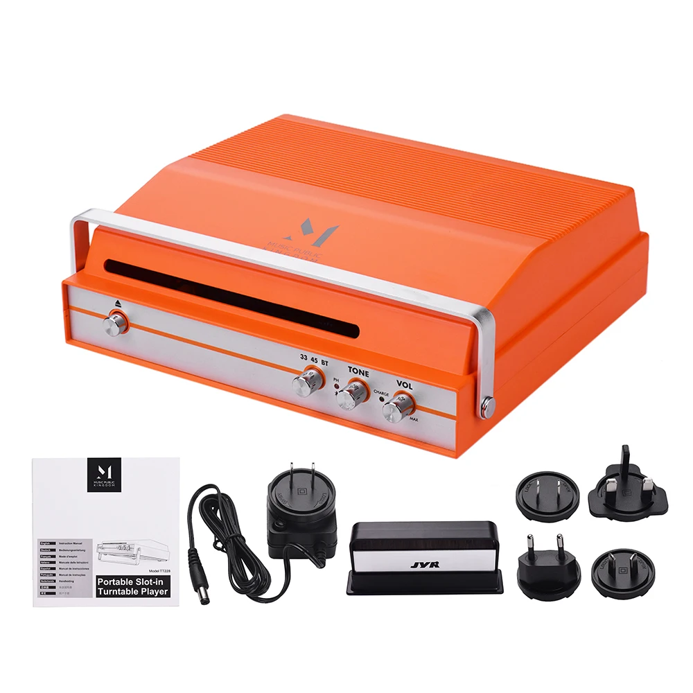 

Slot-in Record Player for 7-inch Vinyl 2-speed (33/45 RPM) BT Turntable Built-in Stereo Speaker Battery with Tone Volume Control