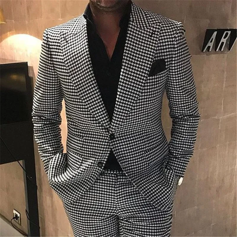 

2020 Suit Men Costume Homme Mariage 2 Pieces Suits Houndstooth Jacket with Pants Designers Terno Masculino Slim Fit Tuxedos