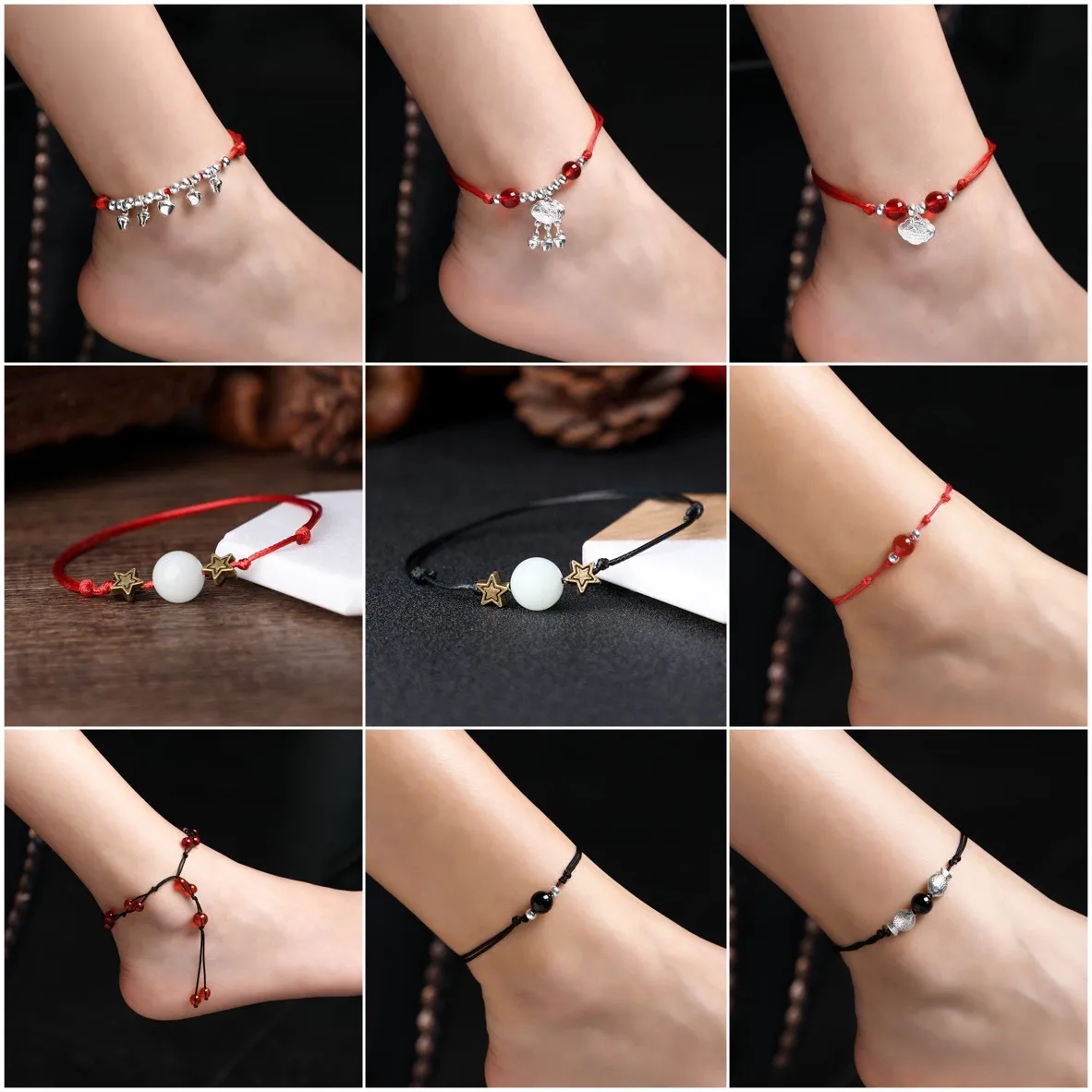 

Boho Red Thread Ankle Bracelet Silver Color Beads Foot Bracelet Chain String Girl Anklet Bracelet on The Leg Jewelry for Women