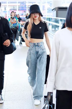 

2020 Spring Summer Women's Folding High Waist Cotton Loose Light Blue Jeans Wide Leg Pants A2
