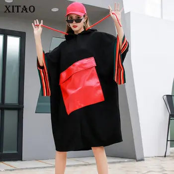 

XITAO Patchwork Pocket Hit Color Dress Women 2020 Autumn Winter Casual Fashion New Style Temperament Hooded Collar Dress XJ5133