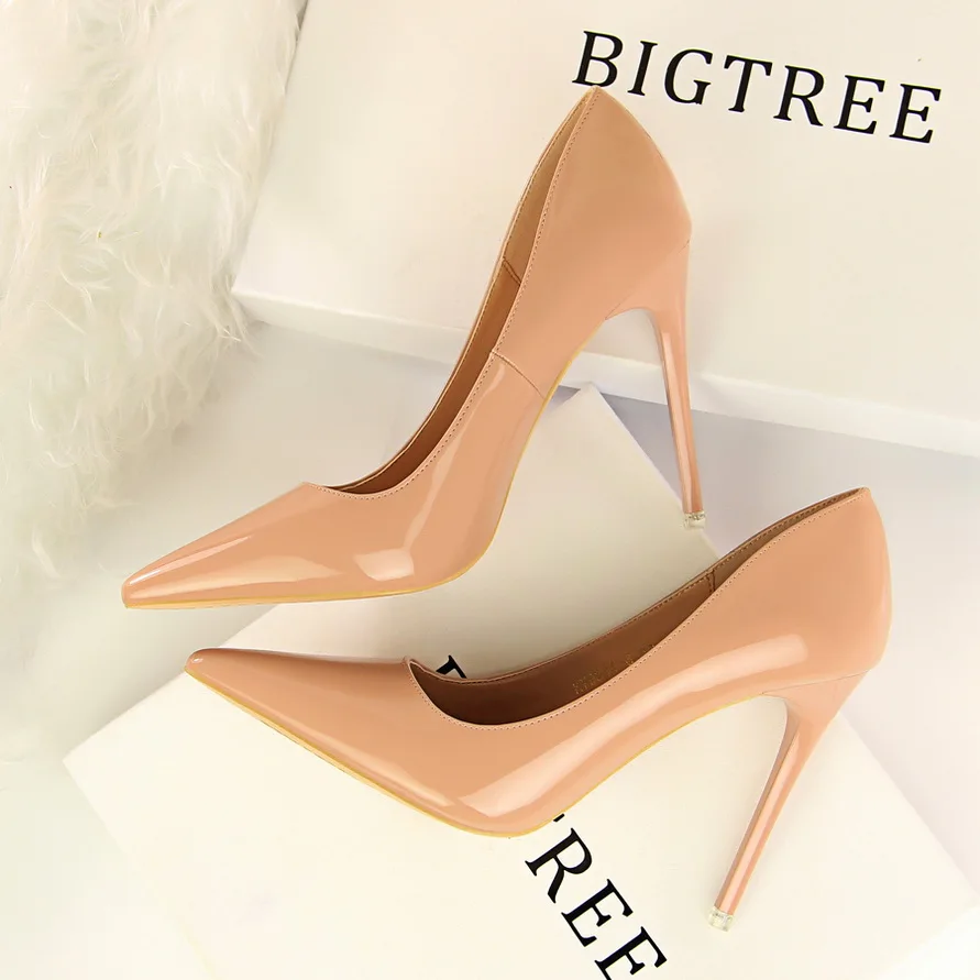 

Autumn Patent Leather Concise Women's Shoes Pointed Toe Office High Heels Pumps Women Sexy Party Wedding Shoes Shallow Nude Red