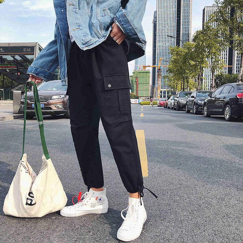 

2019 Autumn New Arrival Solid Color Multi-pockets Bib Overall Loose-Fit Beam Leg Harem Pants Trousers Men's K183 P50