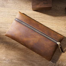

Genuine Leather Pencil Cases Retro Zipper Pen Bag Big Capacity Cowhide Vintage Stationery Storage Office School Supplies Gifts
