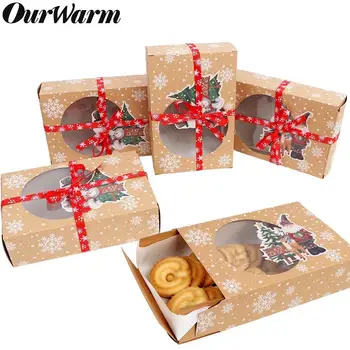 

OurWarm 6pcs Christmas Cookie Gift Boxes New Year Favors Boxes with Clear Window Kraft Paper Boxes Candy Arts Package Box