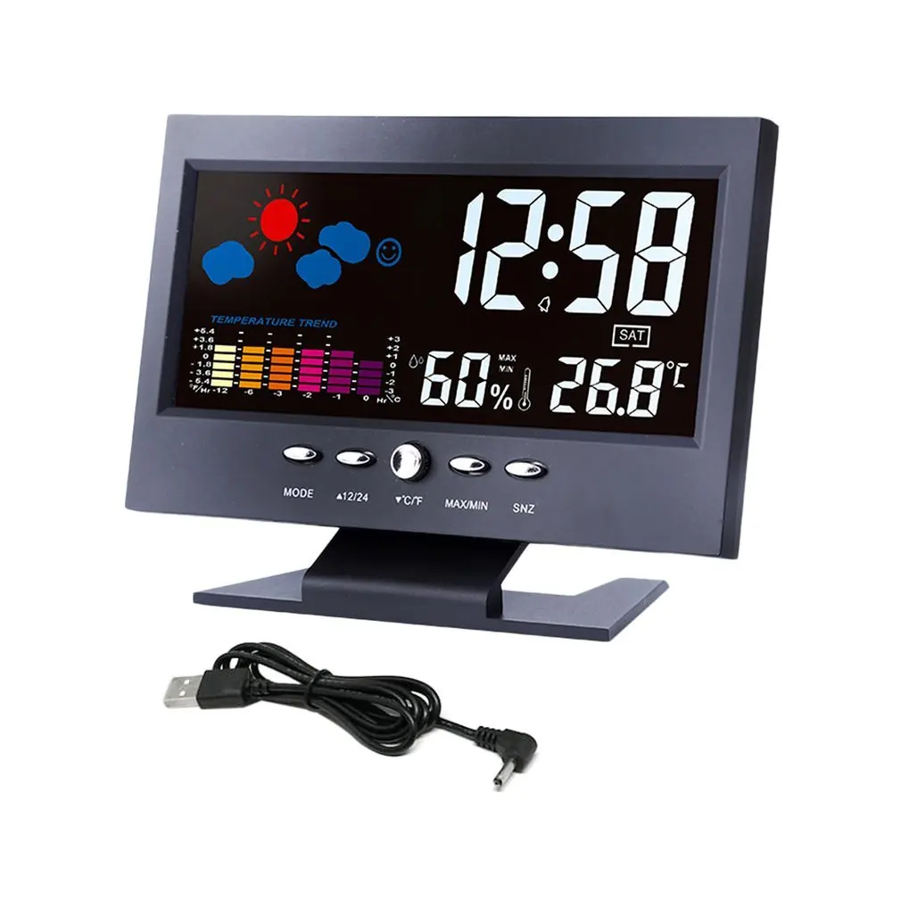Digital Clock Thermometer Hygrometer Weather Station Alarm Clock Temperature Gauge Colorful LCD Calendar Voice-activated lcd digital clock,weather clock,digital desk clock,digital clock,weather station display,mini weather clock,digital table clock