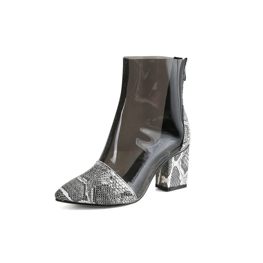 Black QUTAA Ankle Boots Transparent Square High Heel Women Shoes Pointed Toe White PU Leather Motorcycle Casual Big Size 34-43 - Color: Black