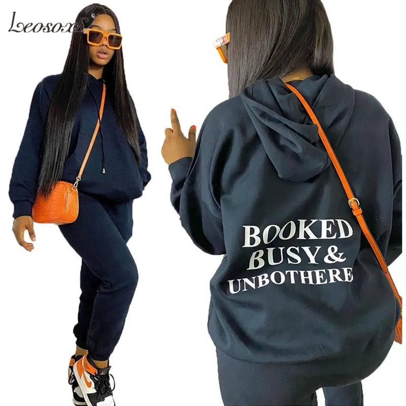 

New Sweatsuit Two Piece Set Women Outfit Black Solid Letter Back Hoodie Crop Top Winter Clothes Tracksuit Wholesale Dropshipping