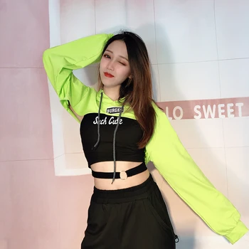 

Jazz Dance Tops Green Long-Sleeved Smock Female Hip-Hop Street Catwalk Nightclub Bar Female Singer Sexy Short Top T-Shirt DL5573