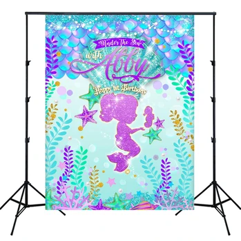 

happy birthday backdrop mermaid blue glitter professinal photo studio baby shower photographical booth props DecorationSM-275