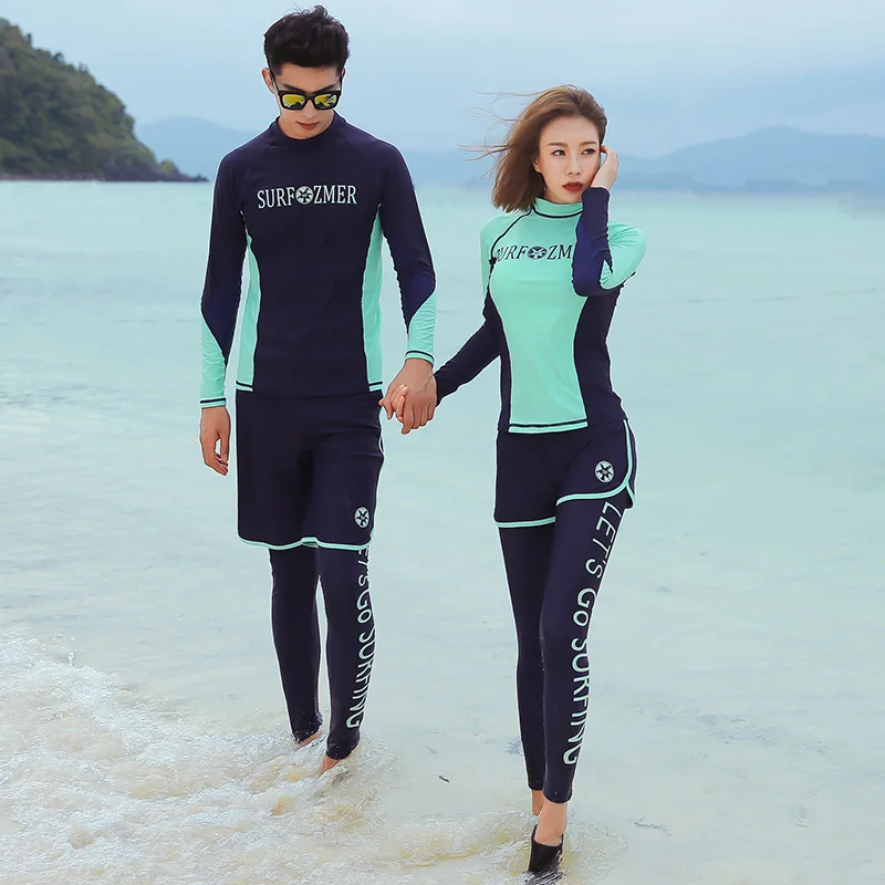 Couples Swimsuit Rashguard Women 5 Piece Front Zipper Solid Color blue Mens 3 Pieces Lover's Swimwear Bathing Beach Sport Wear Couples Swimsuit Rashguard Women 5 Piece Front Zipper Solid Color blue Mens 3 Pieces Lover's Swimwear Bathing Beach Sport Wear