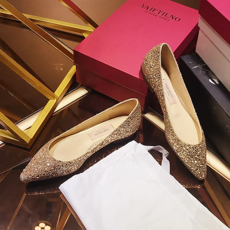 Princess Glass Shoes Ladies Glitter Flats Sequins Bridal Shoes Girls Bridemaid Ballets Loafers Female Crystal Shoes Large Size 5