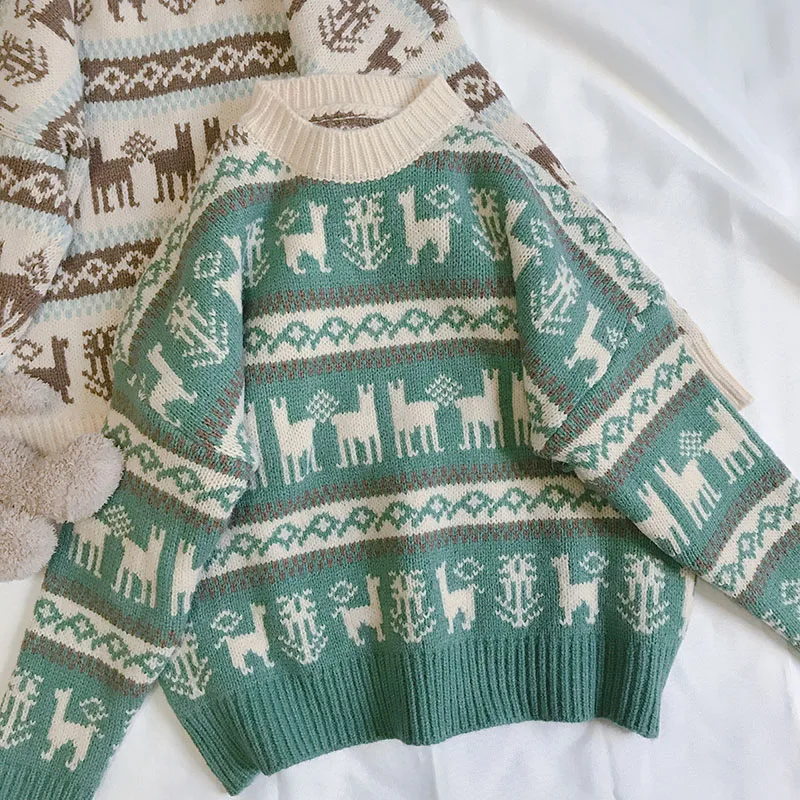 Зимний свитер Mori Girl с милым оленем, жаккардовый, круглый вырез, толстый теплый трикотаж, свободный, Ретро стиль, мягкий вязаный пуловер для девочек, топы - Цвет: Зеленый