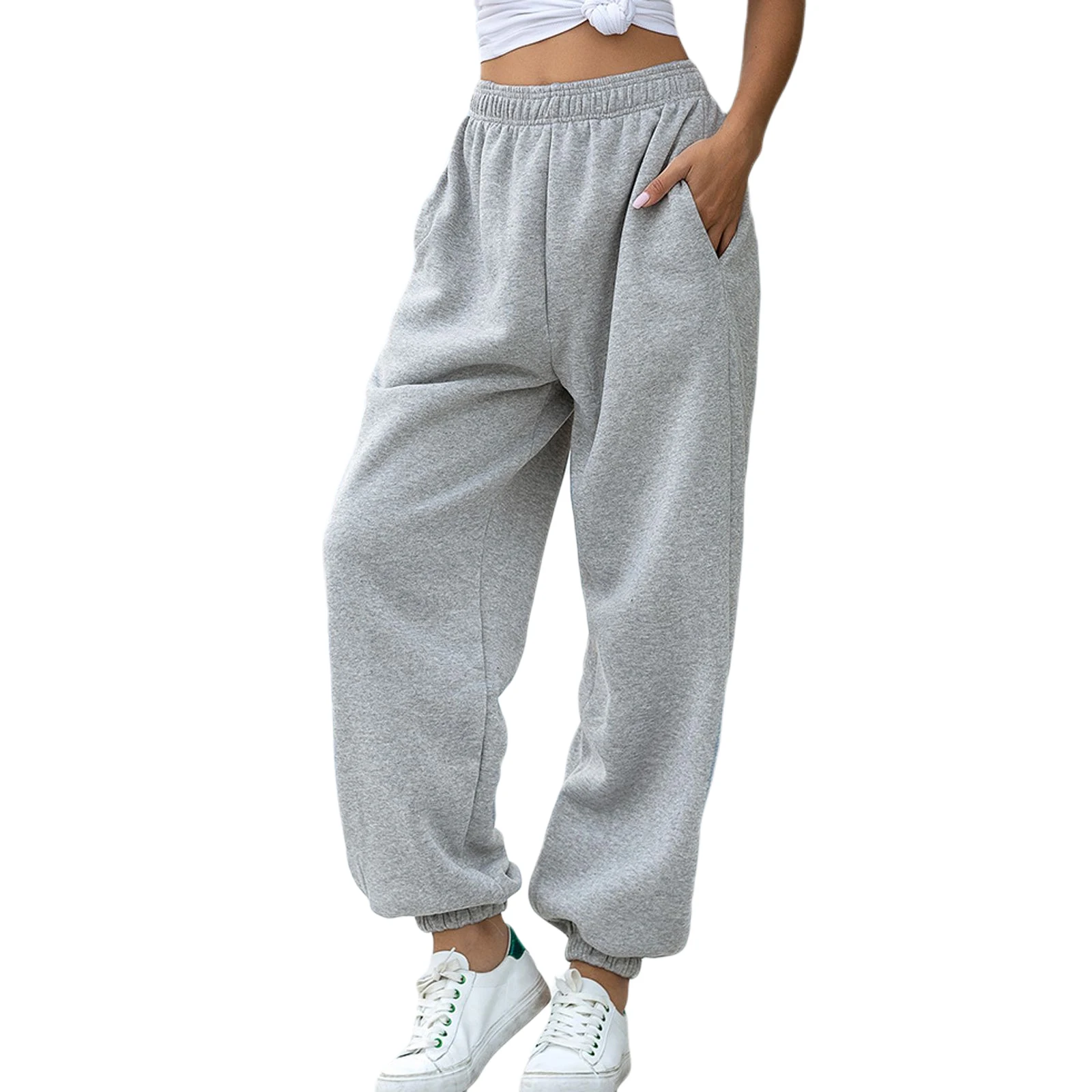 

Hot Women Sweatpants Jogger pants Soft Plush Solid Color High Waist Baggy Trousers Pockets Fit Pant for Workout Running Sporty