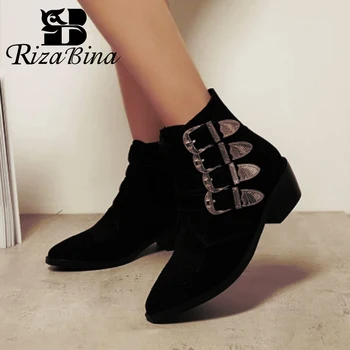 

RIZABINA New Women Ankle Boots Genuine Leather Buckle Thick Heel Woman Winter Shoes Cool Fashion Short Boots Women Size 34-42