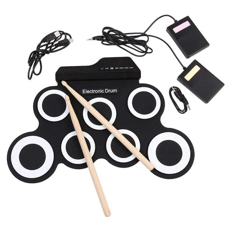 

Digital Electronic Roll Up Drum Pad Set Kit - Portable Silicone USB 7 Pads with DrumSticks Foot Pedal Headphone Jack