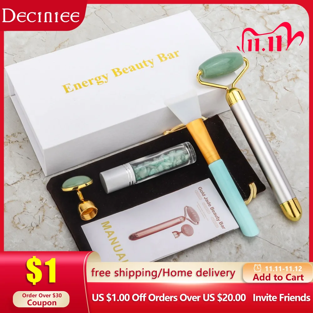 Electric Natural Rose Quartz Jade Roller Face Lift Real Genuine Vibrating Green Jade Stone Facial Eye Roller Beauty Massage Tool afbeelding
