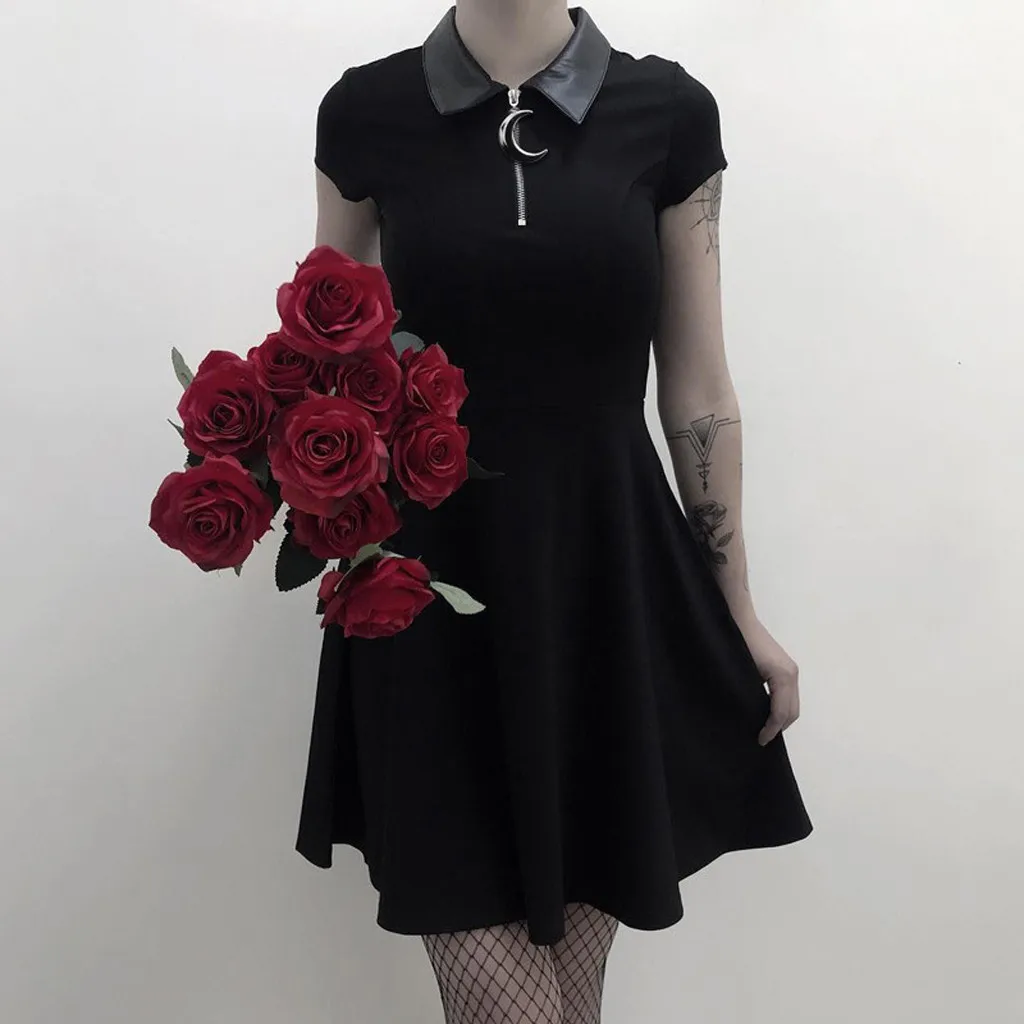 

Gothic Mini Dress Women Cosplay Costume Dresses Punk Style Leather Collar Zipper Dresses Moon Metal Elegant Tunic Goth#G7