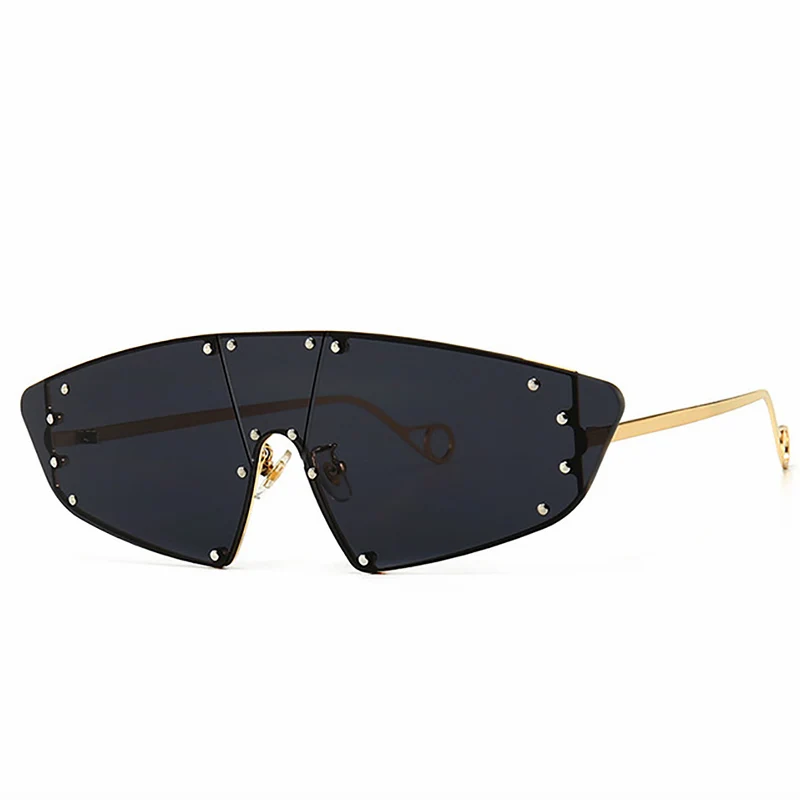 Дизайнерские солнцезащитные очки для женщин, винтажные, без оправы, черные, солнцезащитные очки, Ретро стиль, заклепки, неправильный многоугольник, оттенки, мужские, градиентный козырек, Oculos Top - Цвет линз: Black