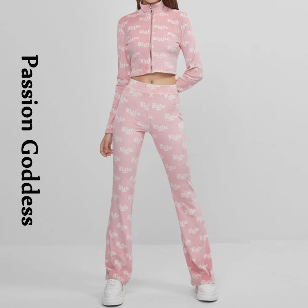 Cute Women 2 Piece Velvet set Loungewear tute Babe Letter giacche con  cerniera stampate pantaloni svasati a vita alta abiti a due pezzi|Pant  Suits| - AliExpress