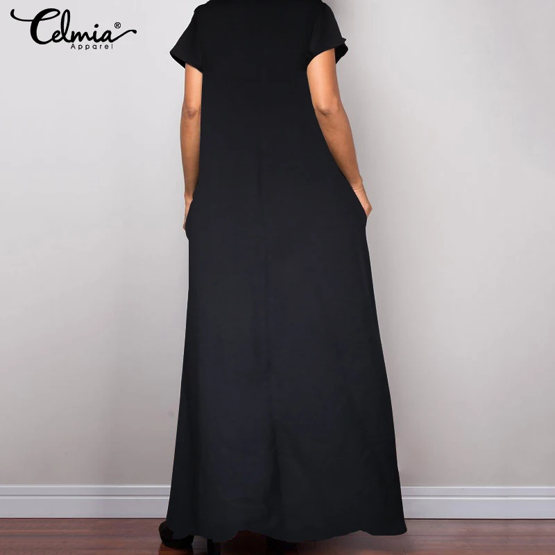 Plus Size Celmia Women Vintage Print Dress Summer Maxi Long Sundress Short Sleeve Casual Loose Beach Vestidos Robe Femme