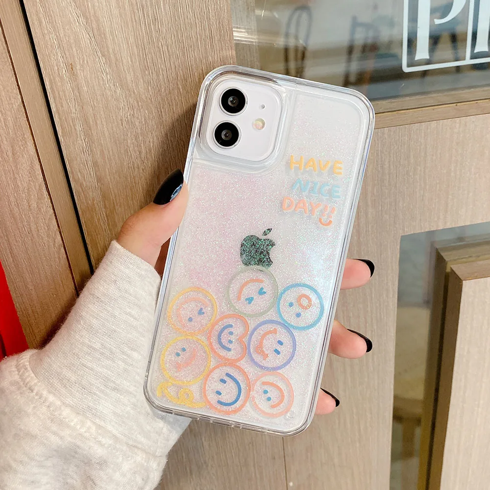Cute Smiley Shell Glitter Hard+PC Phone Cases For iPhone 12 11Pro Max Xs 7 8 Plus Xr X SE 20 Dynamic Liquid Quicksand Cover Case | Мобильные