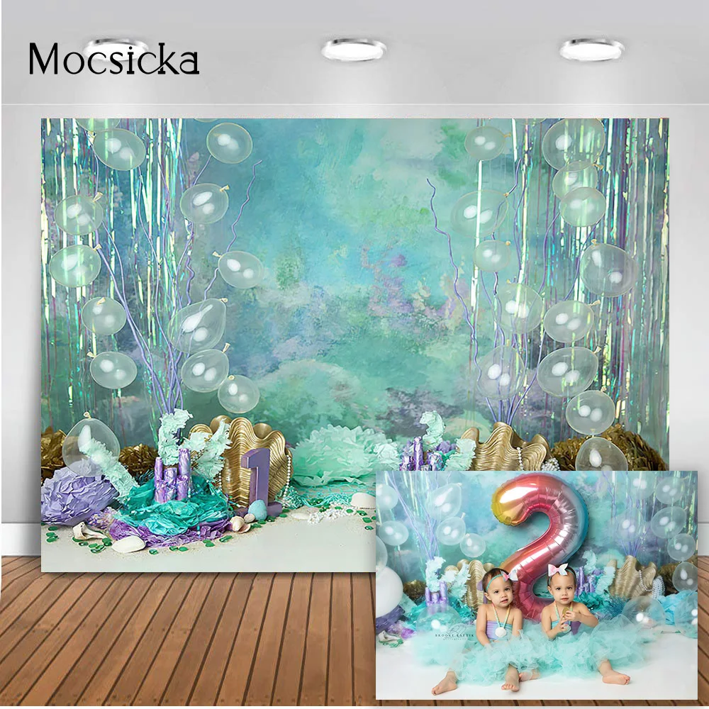 Under The Sea Party Sfondo Sirenetta Compleanno Neonato Ritratto Sfondo Per Studio Fotografico Decorazioni Verdi Viola