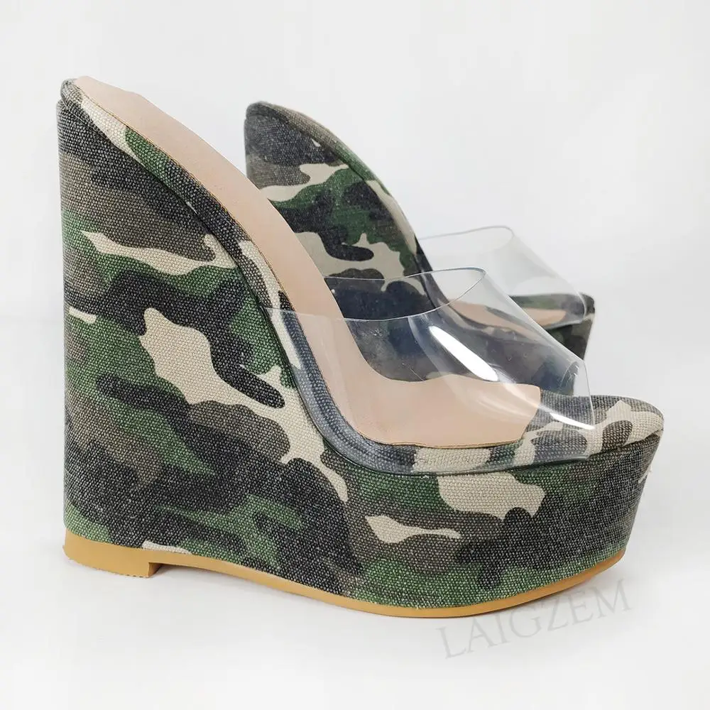 

LAIGZEM Women Platform Wedges Pumps Camouflage Clear Transparent PVC Sandals Ladies Shoes Woman Zapatos Large Size 45 48 50 52