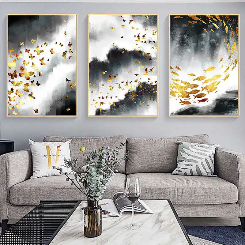

Abstract Gold Fish and Butterfly Wall Art Canvas Paintings Minimalist Nordic Posters Prints Picture for Living Room Home Decor