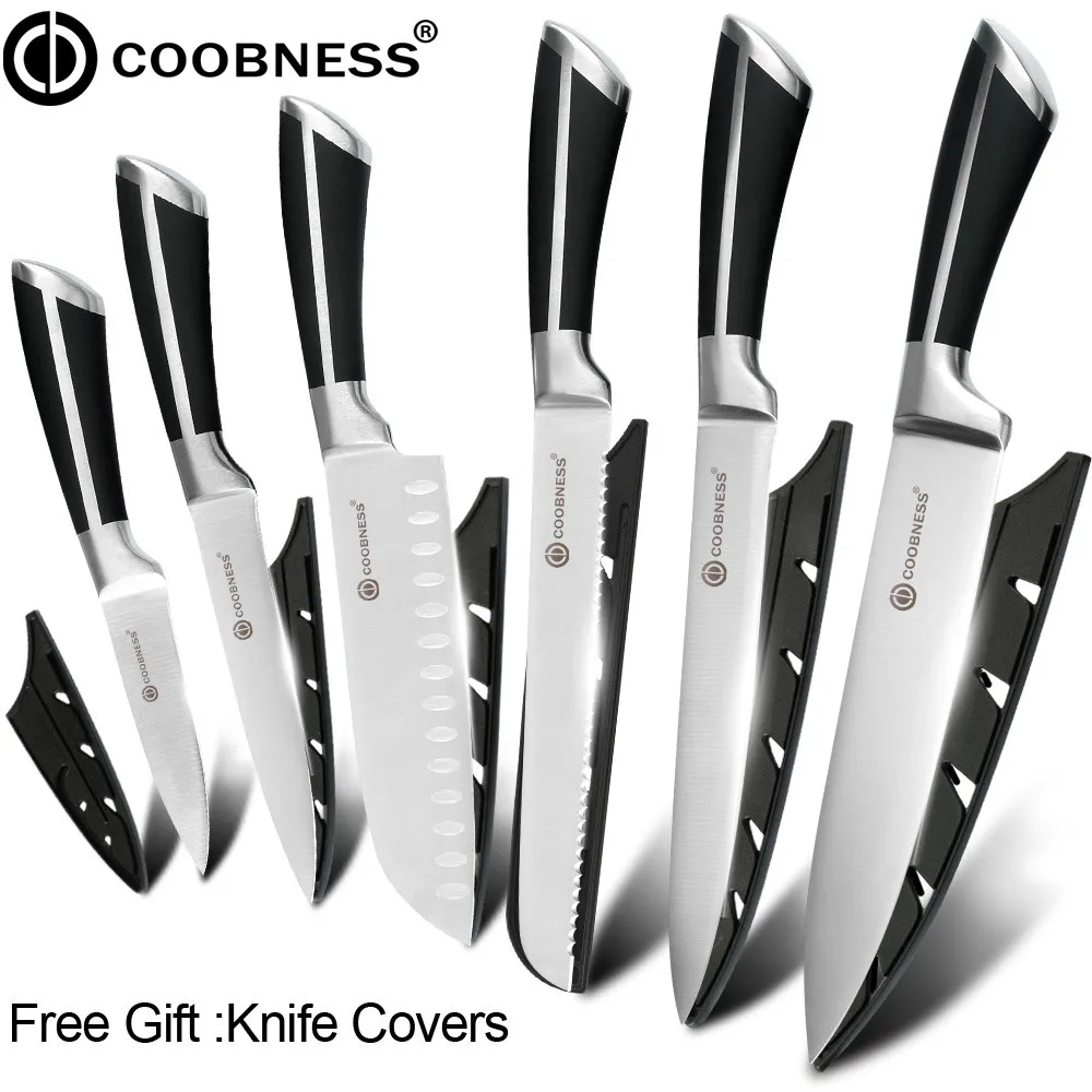 COOBNESS, набор профессиональных поварских ножей, нож для очистки хлеба, Santoku, ножи для нарезки мяса, рыбы, овощей, кухонный нож