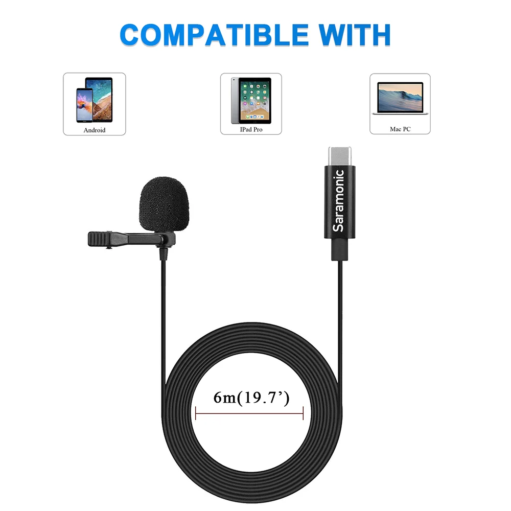 Цифровой USB микрофон Saramonic LavMicro U3B петличный с адаптером 90 ° и кабелем 6 м совместим