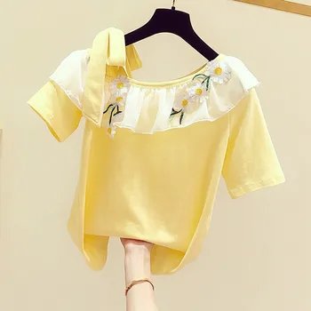 

Fashion Sexy Slash Neck Off-shoulder Tshirt Tops Women Summer New Embroidery Flowers Flounced Short Sleeve T-shirt Tee Yellow