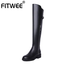 FITWEE, новые женские теплые сапоги до бедра модные зимние сапоги с заклепками для женщин, рыцарские сапоги на плоской подошве с острым носком размер 34-43