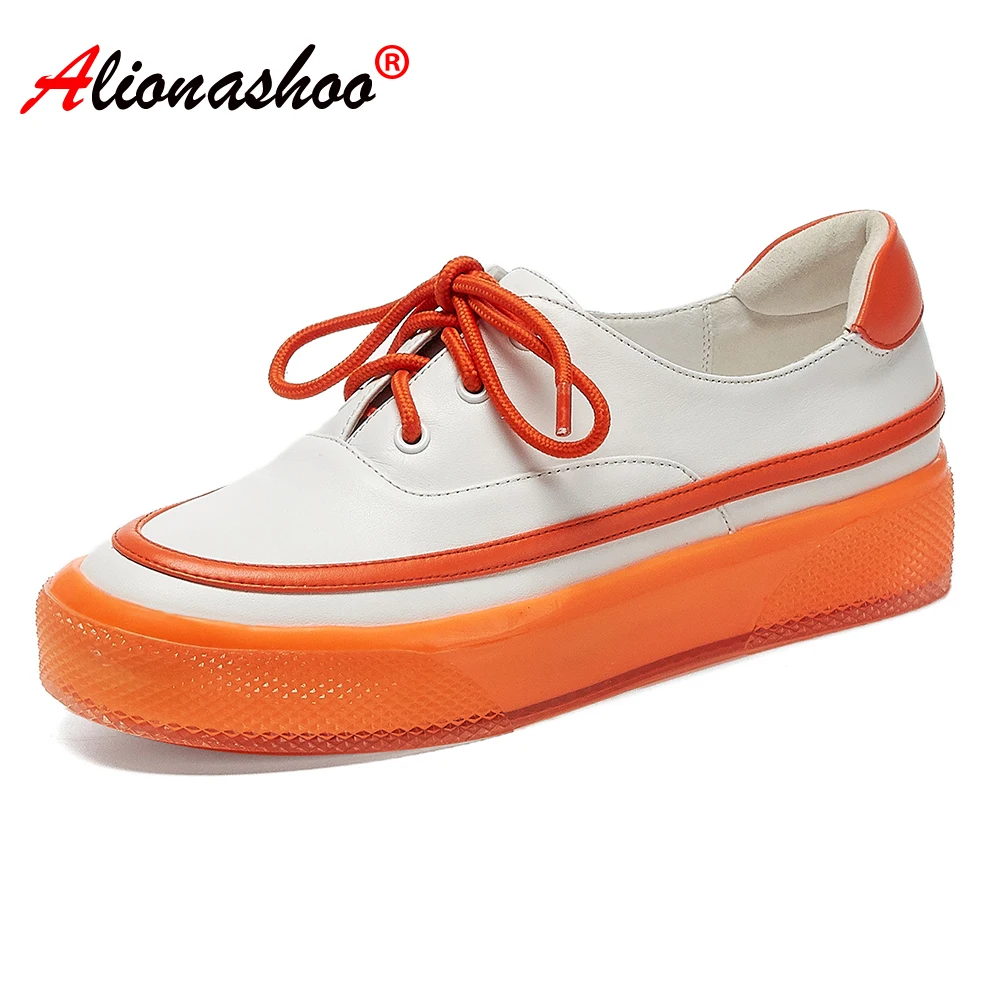 Women Thick Soled Sneakers Genuine Leather Shoes Women White Mixed Color Sweet Women Flats Lace Up Ladies Casual Shoes Size34-39