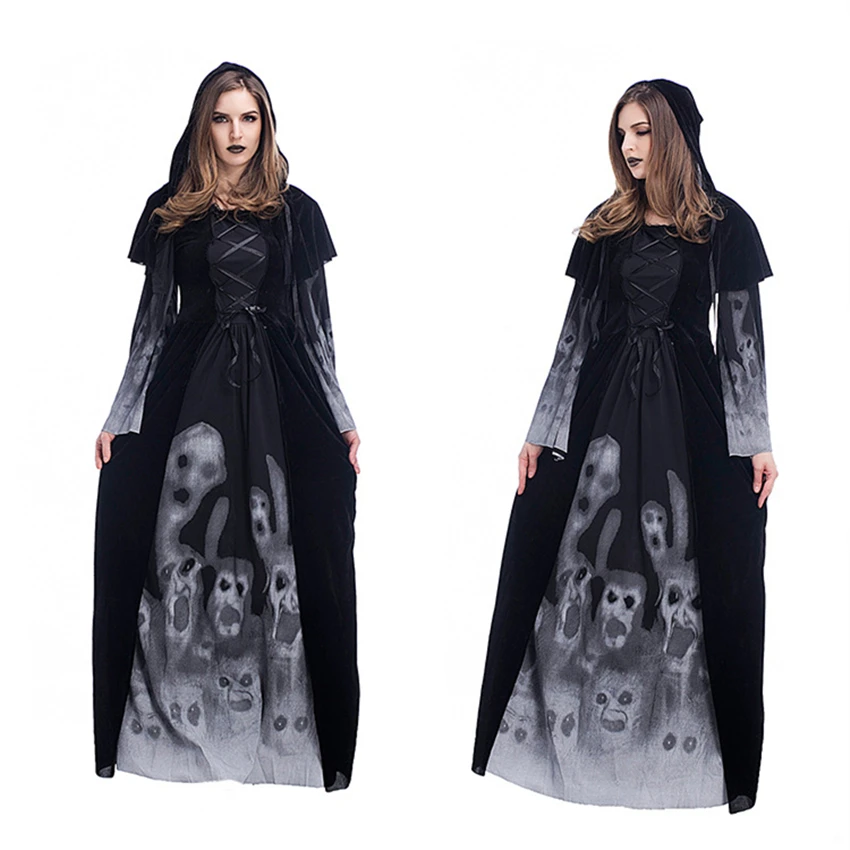 Костюмы для косплея на Хэллоуин для женщин, взрослых, ведьмы, вампира, привидения, страшные, карнавальные, вечерние, для выступлений, с принтом "Скелет", платье