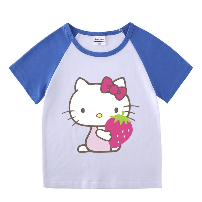 thumbnail image 1 of Hello Kitty-ropa transpirable de algodón puro para niños, conjunto de dos piezas, moda informal para niñas, pantalones cortos de manga corta, traje deportivo para niño, 1 of 5