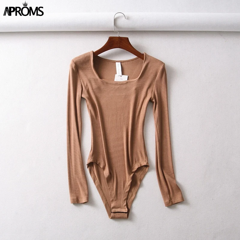 Aproms белый квадрат шеи трикотажные боди Для женщин пикантные Ribbed Long Sleeve Slim Fit боди уличная комбинезон для Для женщин топ - Цвет: Хаки