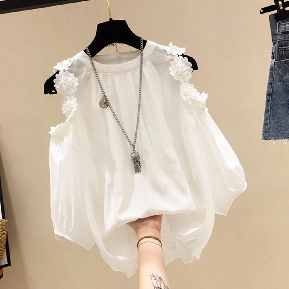 

Sexy Off Shoulder E-girl Tops & Blouses 2021 Y2K Korean Flower Embroidery Chiffon Shirts Half Puff Sleeve Blouse Plus Size