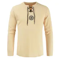 2022 Men T-shirt Vintage Viking Embroidery Lace Up V Neck Long Sleeve Shirt Male Hipster Shirts Tops рубашка camisa masculina - Image 2