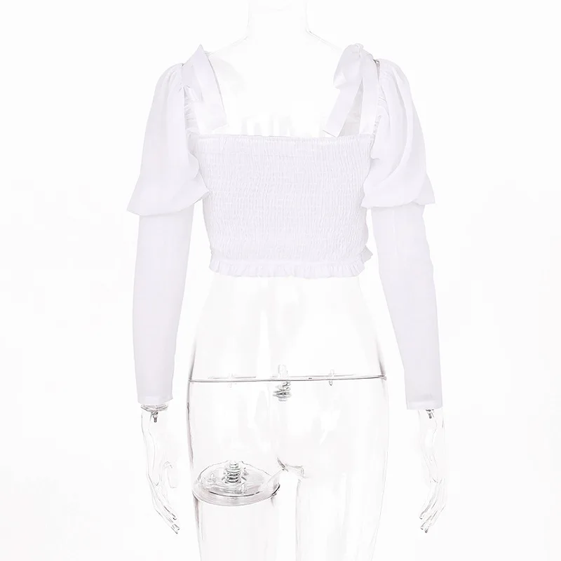 Сексуальный кроп Ruched Sheer Mesh Top женский галстук-бабочка с пышными рукавами тонкий короткий топ на бретелях белые оборки эластичные вечерние топы уличная