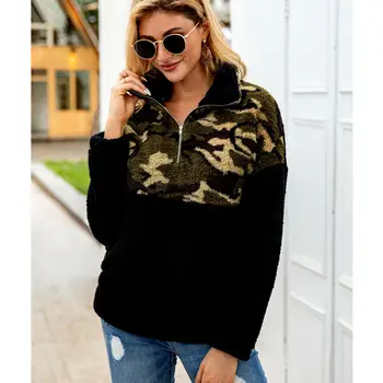 

Women Teddy Bear Zipper Turtleneck Fleece Coat Pullover Jumper Tops Jackets Long Sleeve Winter Autumn Casual Patchwork